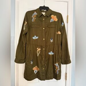 Chico's Olive Utility Jacket with Blue, Yellow and Cream Floral Embroidery